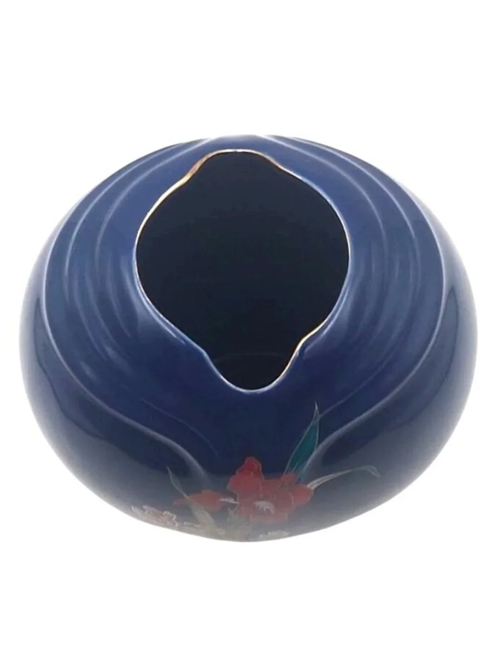 Porcelain Vase Iris Floral Ribbed Fine China Blue Round Vintage Art Deco Japan